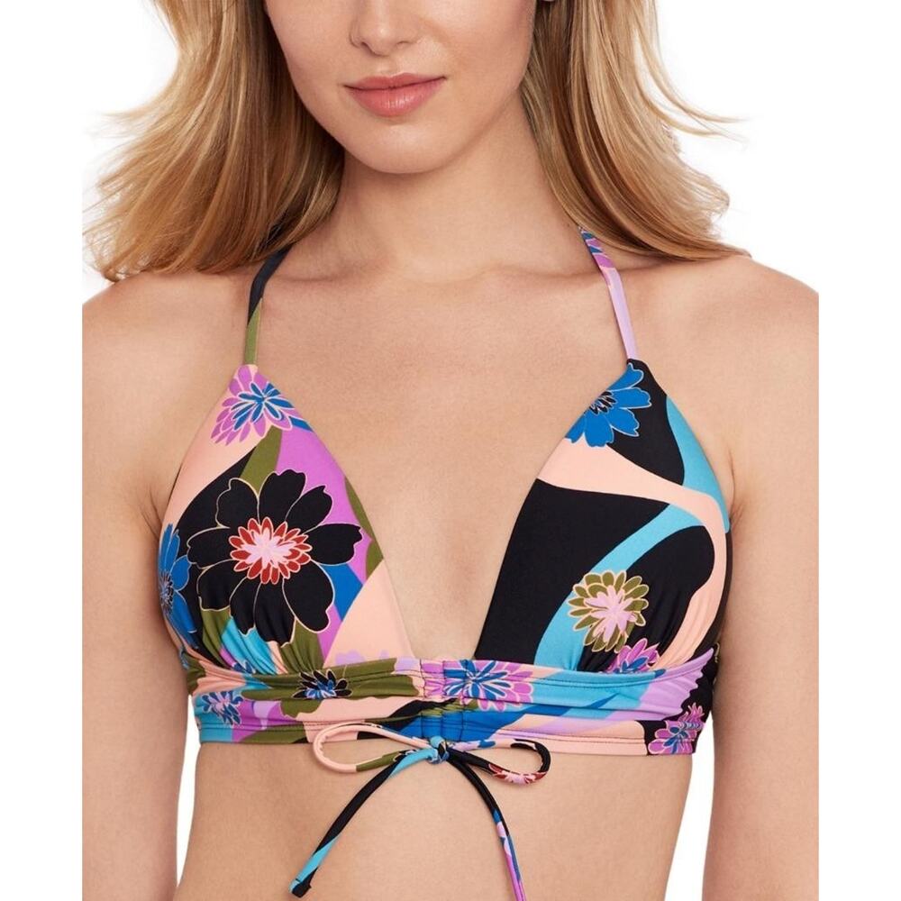 Salt + Cove Women's Multicolor Blooming Wave Lace-Up-Back Midkini Top D/DD